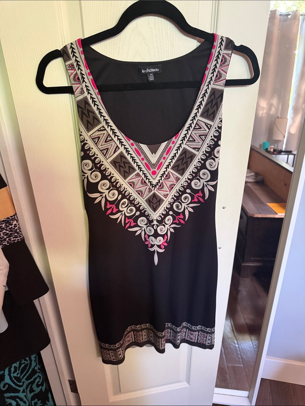 le chateau Black Tunic Dress with Pink & Gray Yoke Print